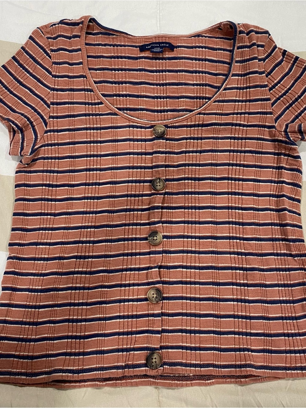 American Eagle Outfitters Striped Button-Front Short Sleeve Tee in Rust and Navy